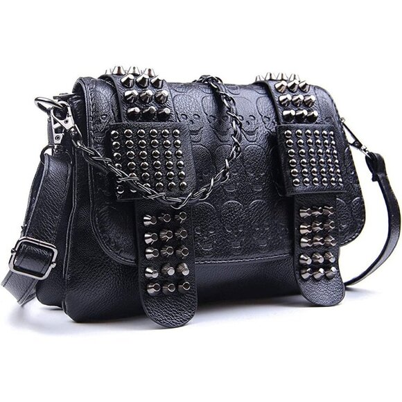 Spuly Handbags - Black Leather Skull Crossbody Bag Chain Gothic Shoulder Biker Rocker Studded NWT
